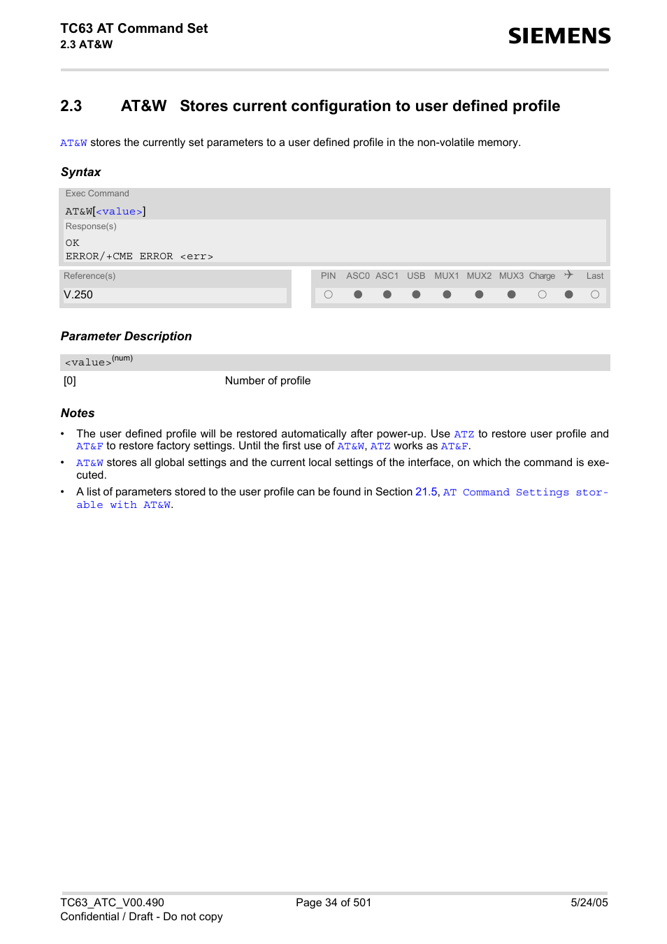 Stored with, At&w, E with | Tc63 at command set | Siemens TC63 User Manual | Page 34 / 501