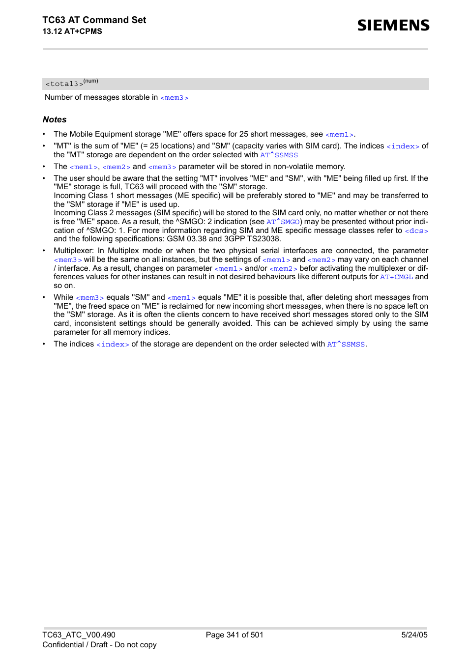 Total3, Tc63 at command set | Siemens TC63 User Manual | Page 341 / 501