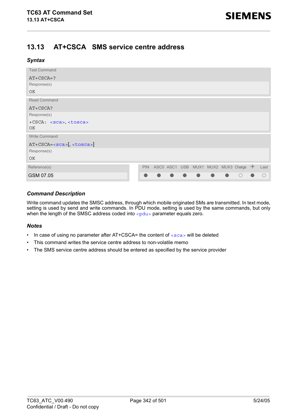 13 at+csca sms service centre address, Tc63 at command set | Siemens TC63 User Manual | Page 342 / 501