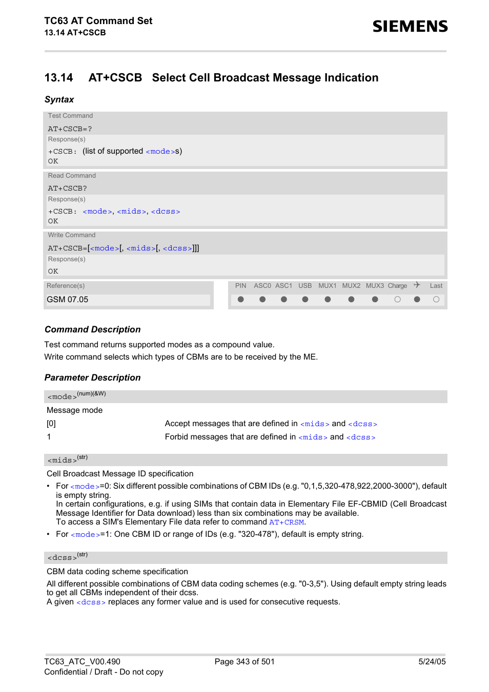 At+cscb, Tc63 at command set | Siemens TC63 User Manual | Page 343 / 501