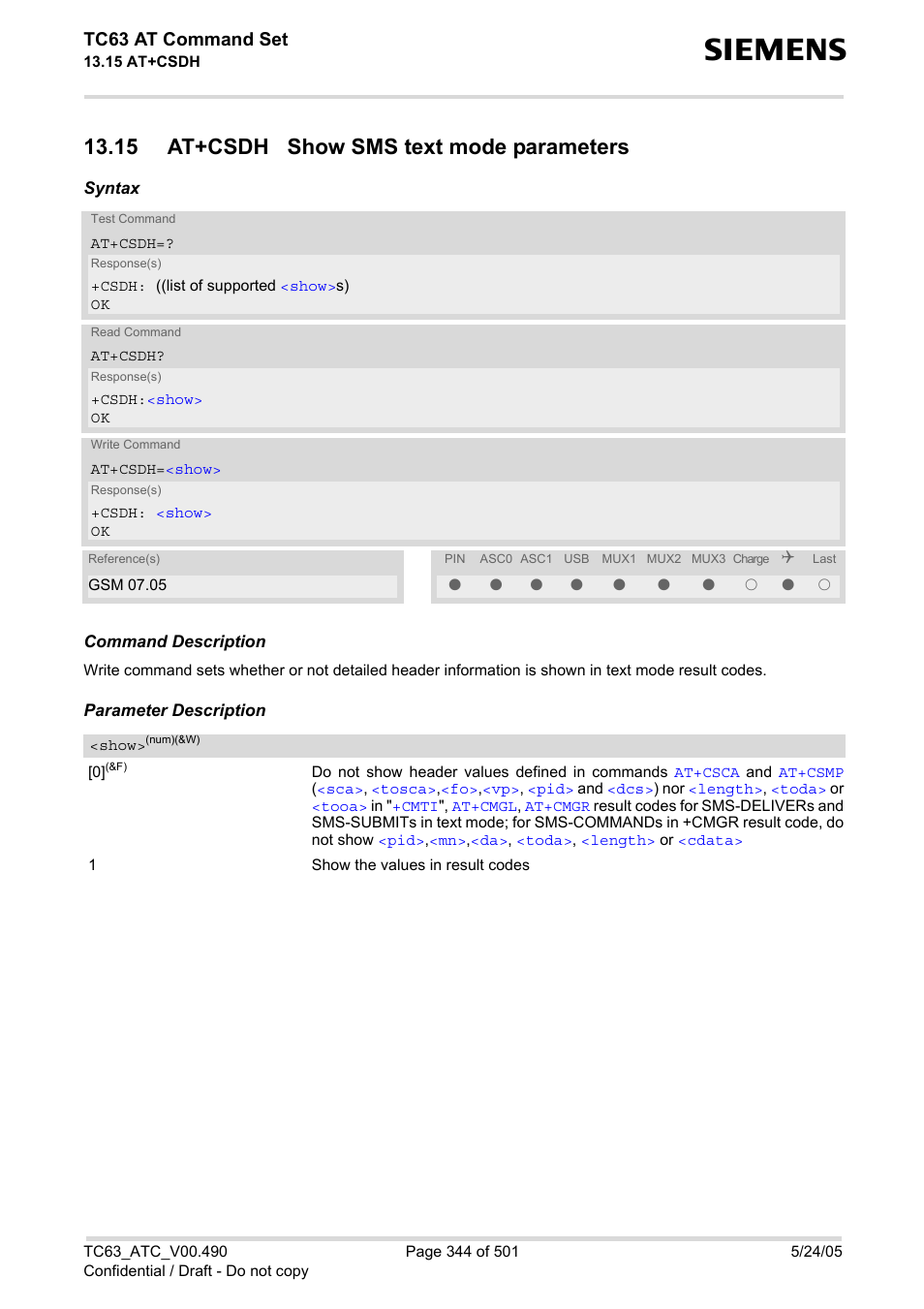 15 at+csdh show sms text mode parameters, At+csdh, Tc63 at command set | Siemens TC63 User Manual | Page 344 / 501