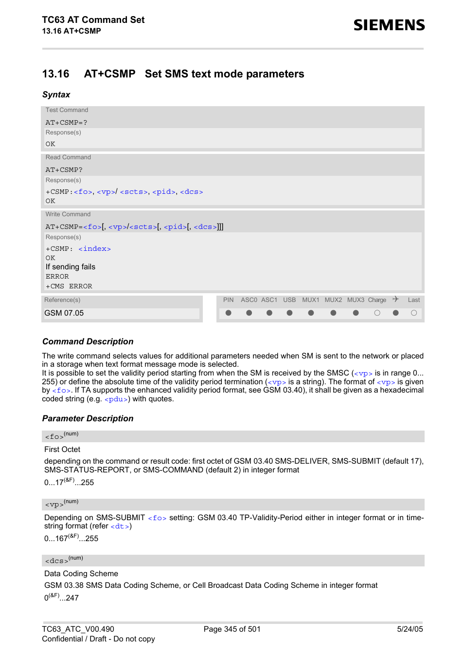 16 at+csmp set sms text mode parameters, At+csmp, 0 and 1 in the | Tc63 at command set | Siemens TC63 User Manual | Page 345 / 501