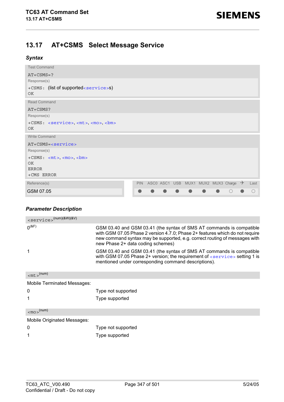 17 at+csms select message service, At+csms, Service | Vated with, Tc63 at command set | Siemens TC63 User Manual | Page 347 / 501