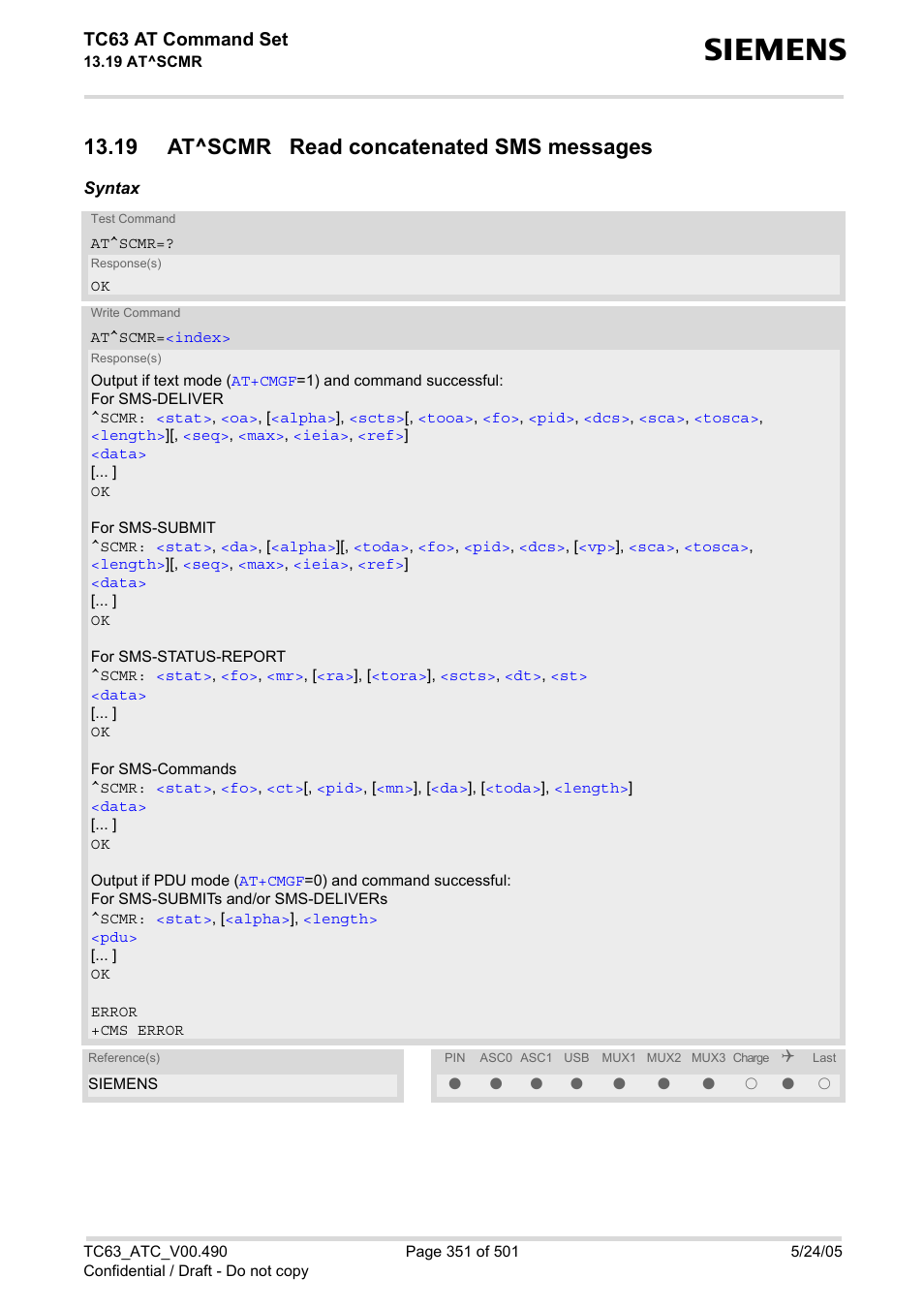 19 at^scmr read concatenated sms messages, Tc63 at command set | Siemens TC63 User Manual | Page 351 / 501