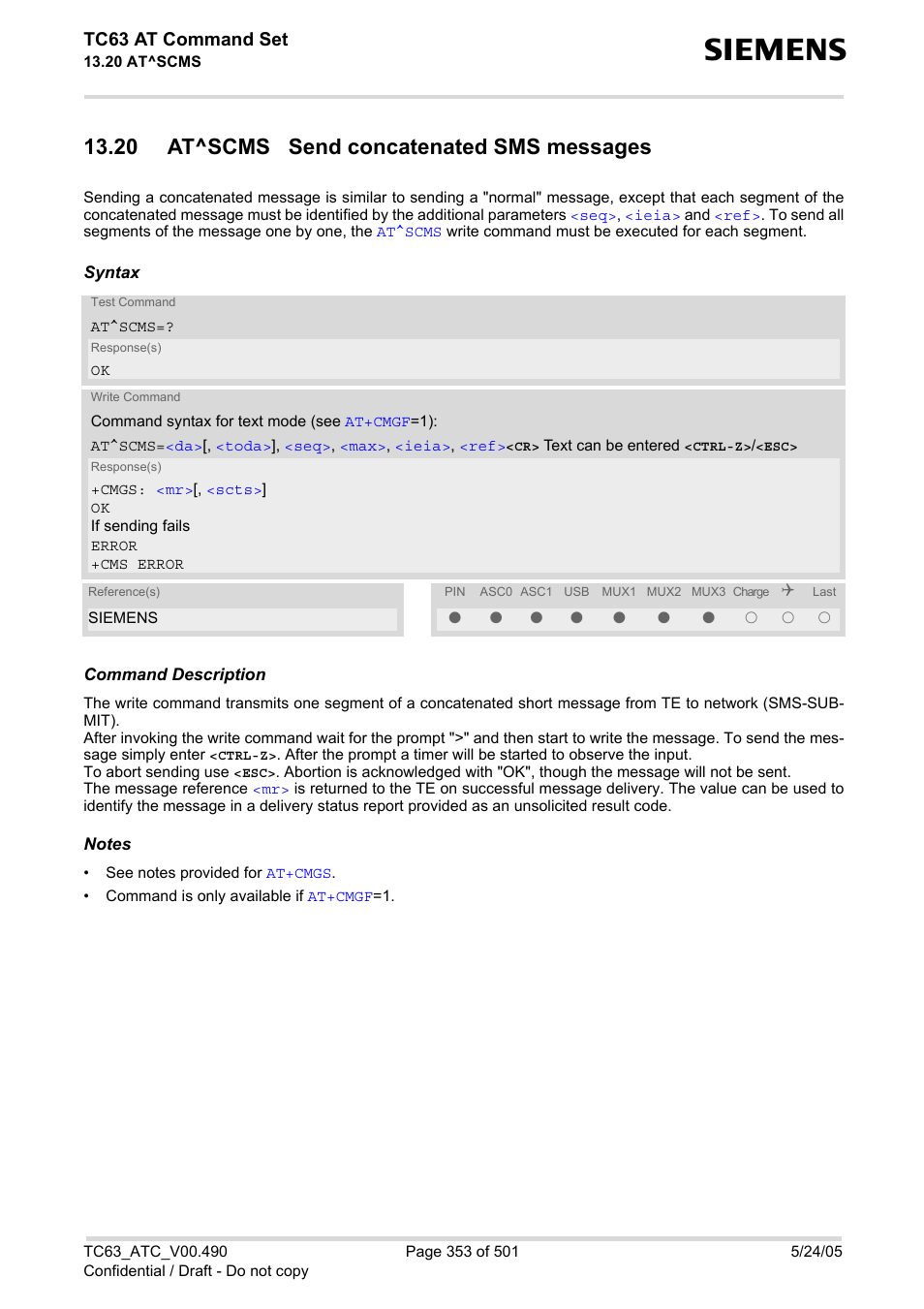 20 at^scms send concatenated sms messages, Tc63 at command set | Siemens TC63 User Manual | Page 353 / 501