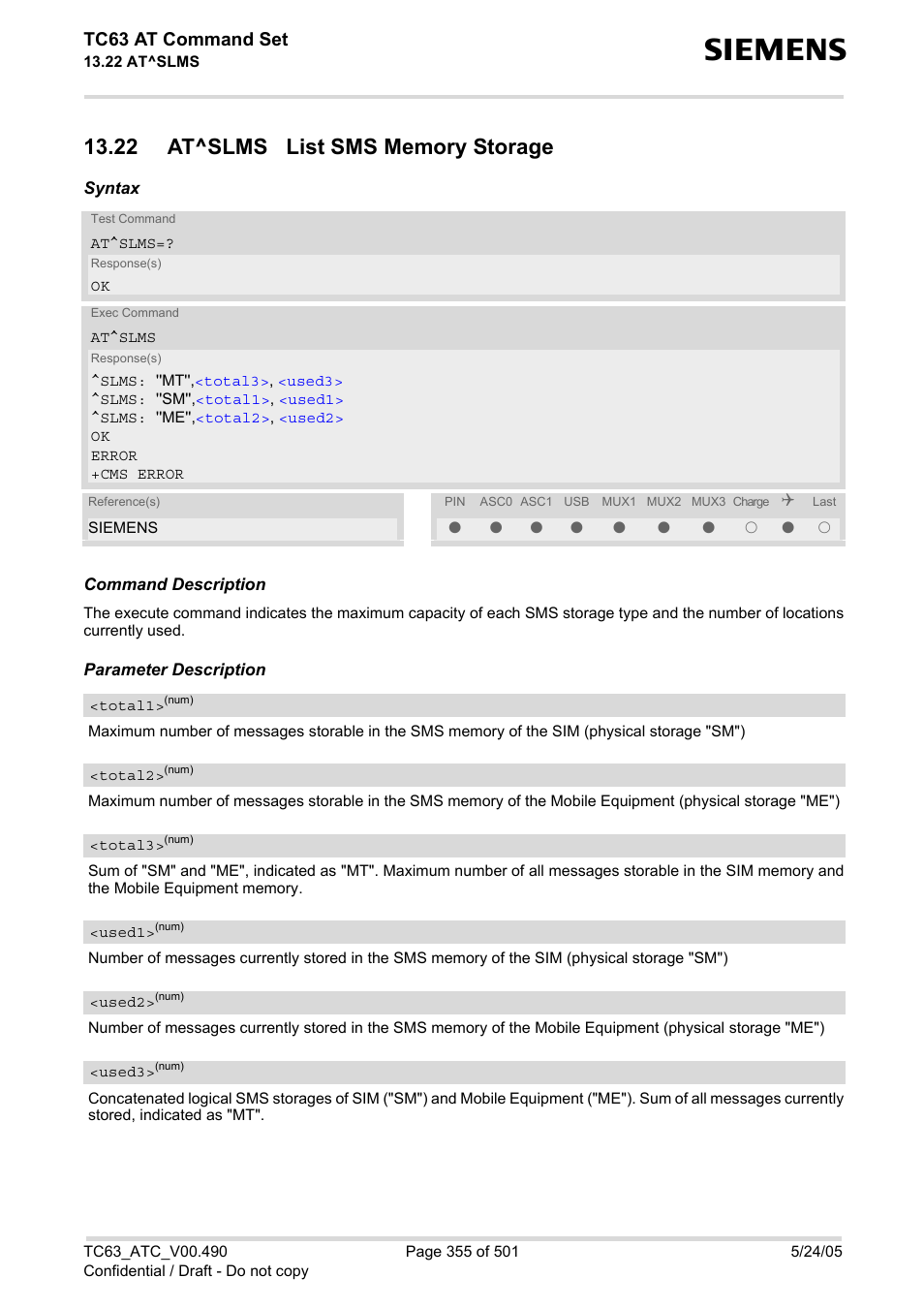 22 at^slms list sms memory storage, Tc63 at command set | Siemens TC63 User Manual | Page 355 / 501