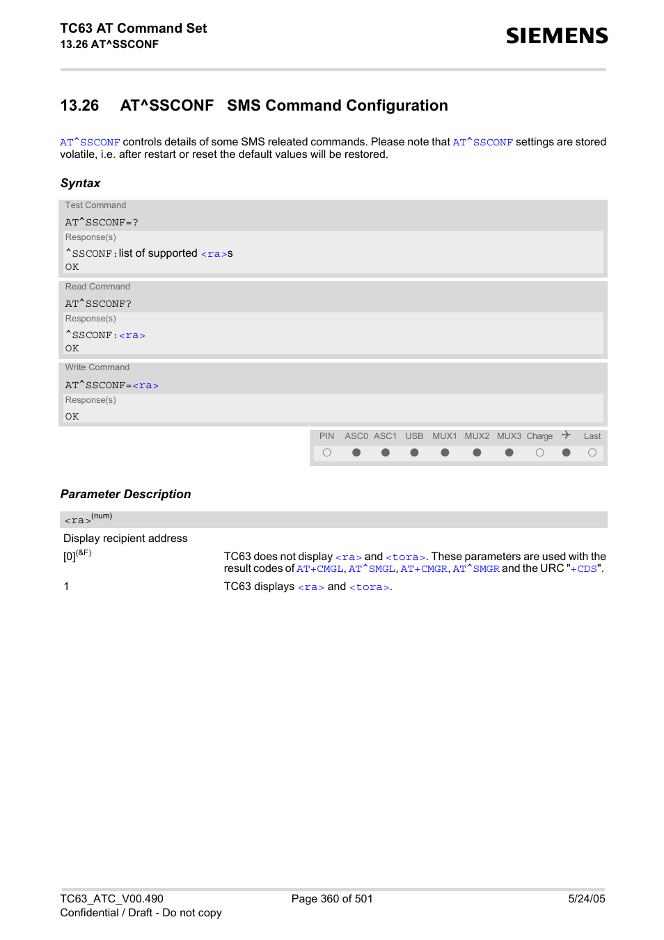 26 at^ssconf sms command configuration, At^ssconf, Comm | Layed if, Tc63 at command set | Siemens TC63 User Manual | Page 360 / 501