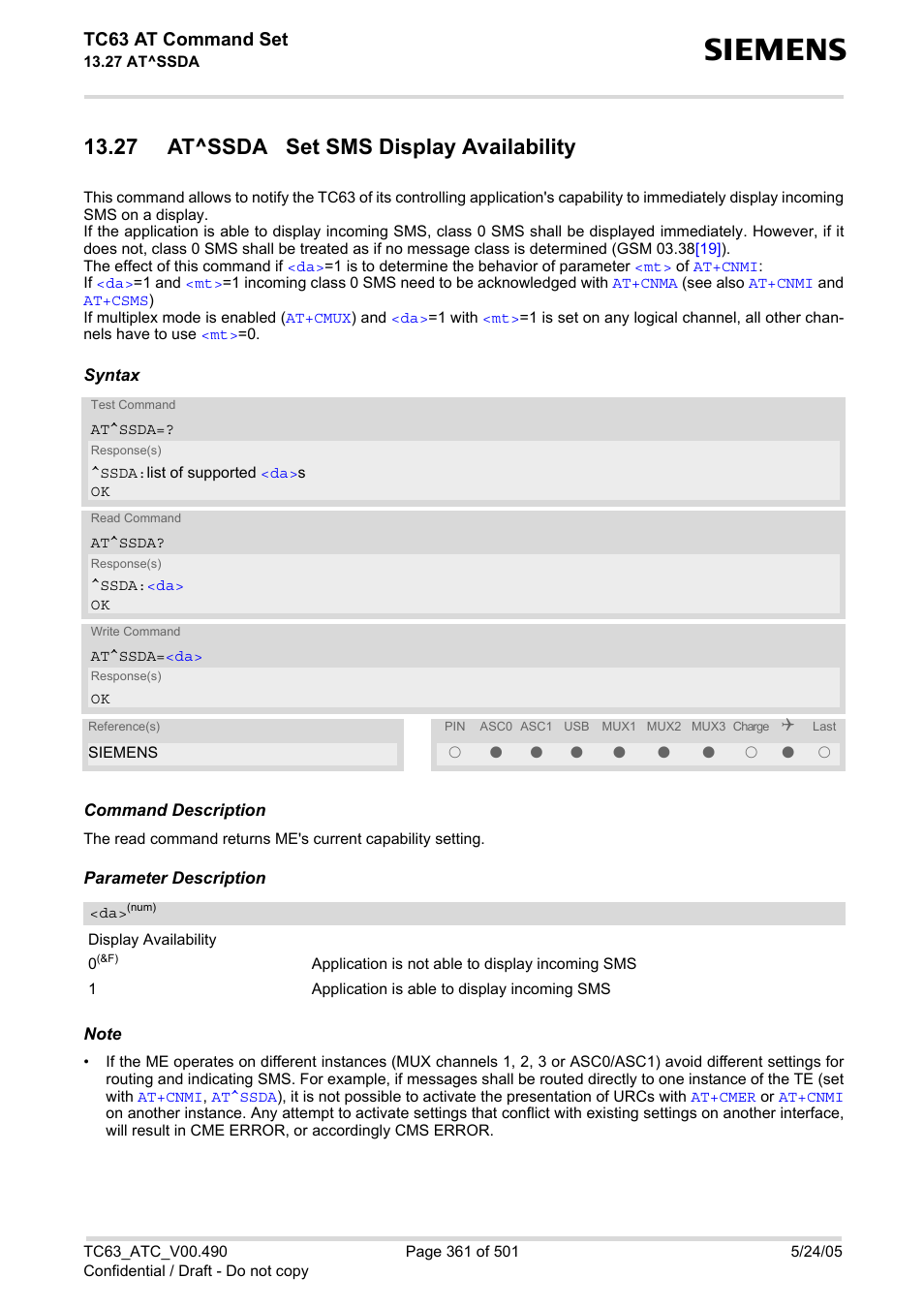 27 at^ssda set sms display availability, At^ssda, T to | Tc63 at command set | Siemens TC63 User Manual | Page 361 / 501