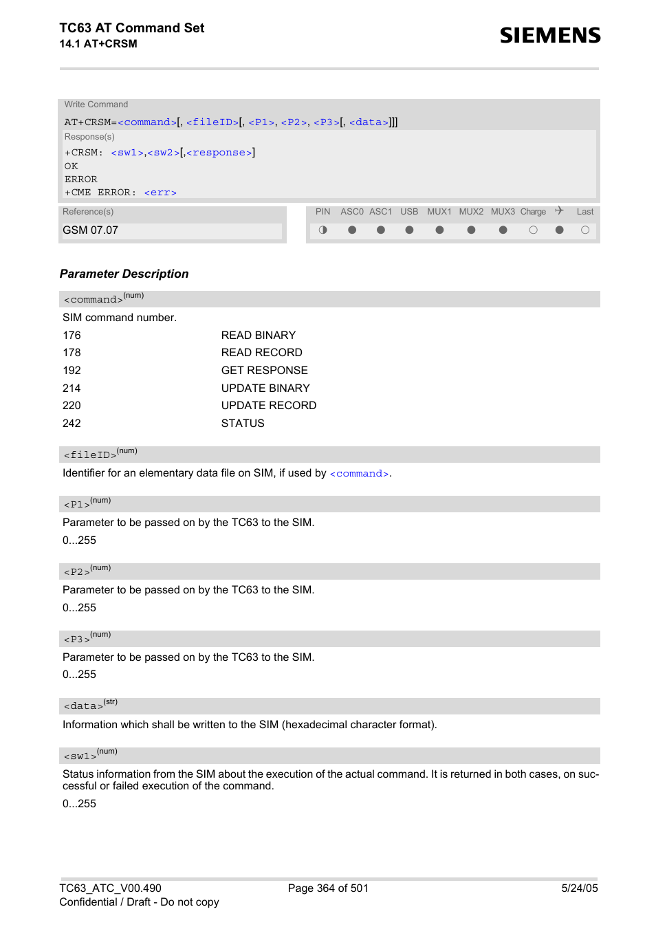 Command, Read binary" and, Tc63 at command set | Siemens TC63 User Manual | Page 364 / 501