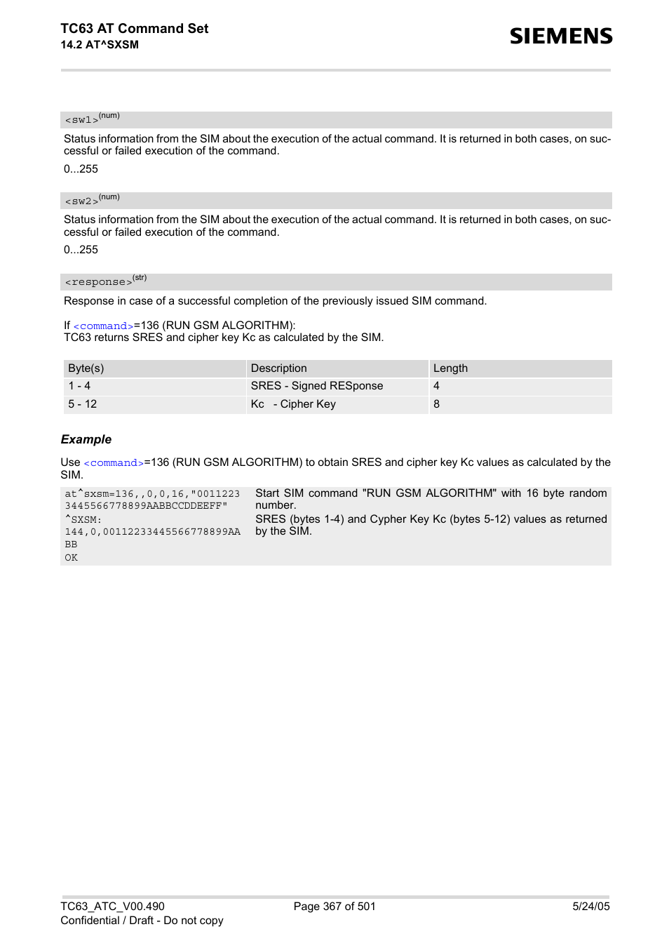 Sxsm, Response, Tc63 at command set | Siemens TC63 User Manual | Page 367 / 501