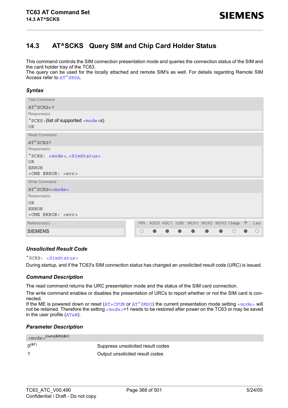 3 at^scks query sim and chip card holder status, Tc63 at command set | Siemens TC63 User Manual | Page 368 / 501