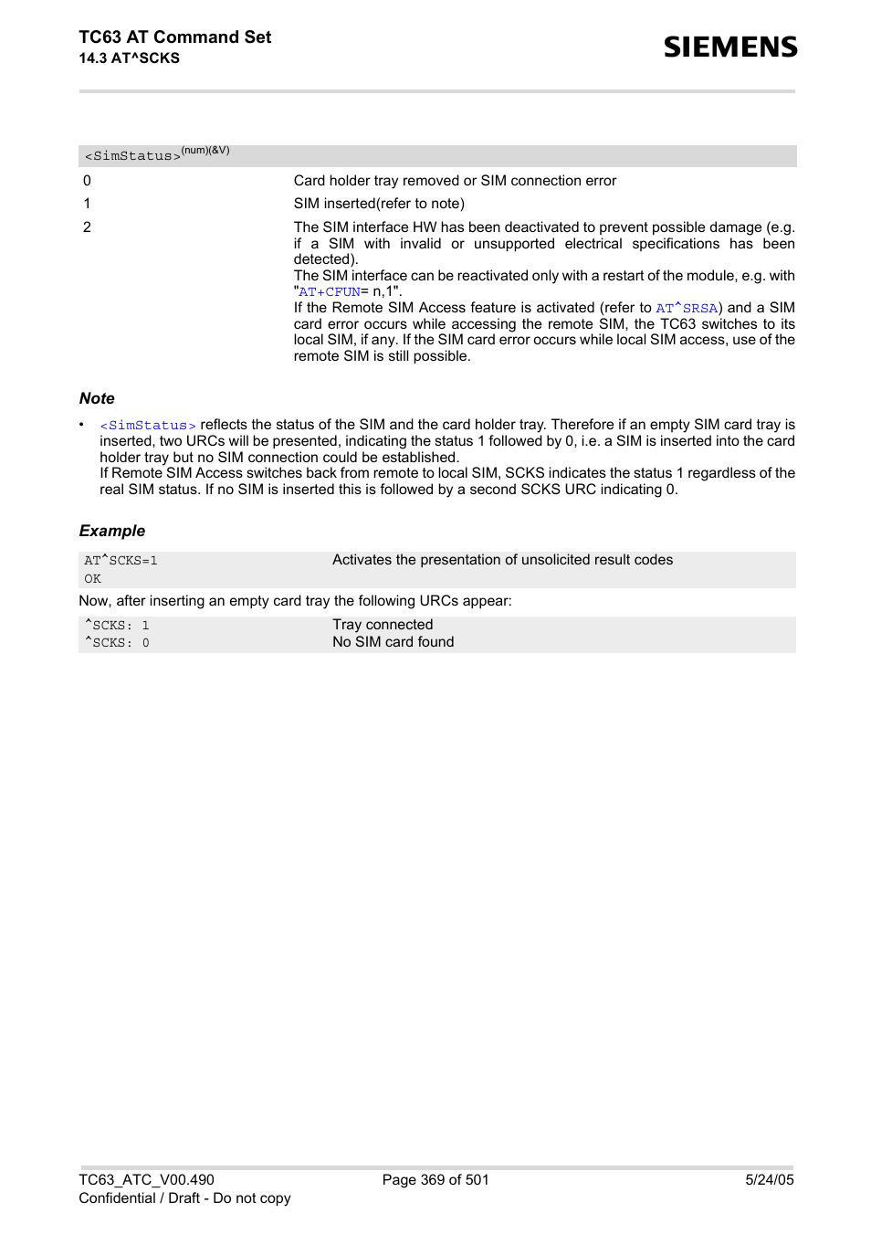 Simstatus, Tc63 at command set | Siemens TC63 User Manual | Page 369 / 501