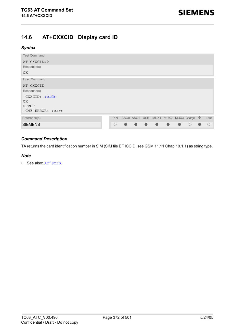 6 at+cxxcid display card id, Tc63 at command set | Siemens TC63 User Manual | Page 372 / 501