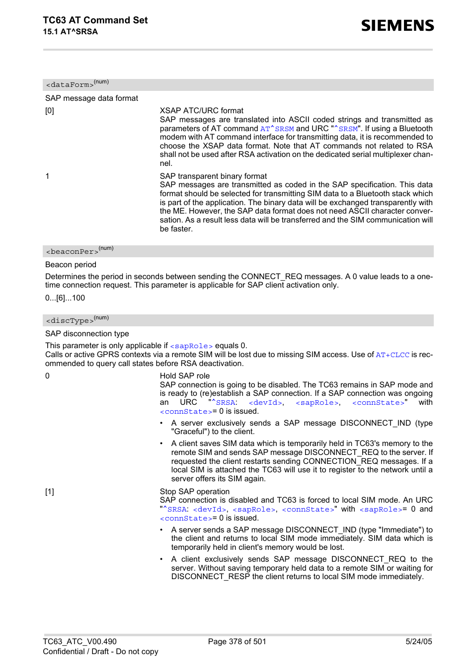 Dataform, Beaconper, Disctype | Tc63 at command set | Siemens TC63 User Manual | Page 378 / 501