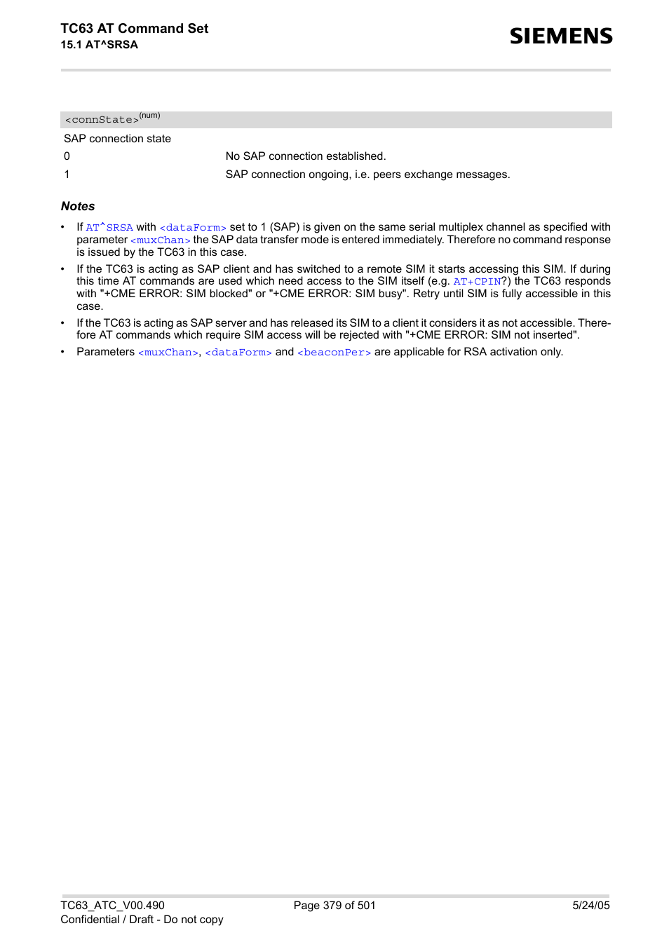 Connstate, With, Tc63 at command set | Siemens TC63 User Manual | Page 379 / 501