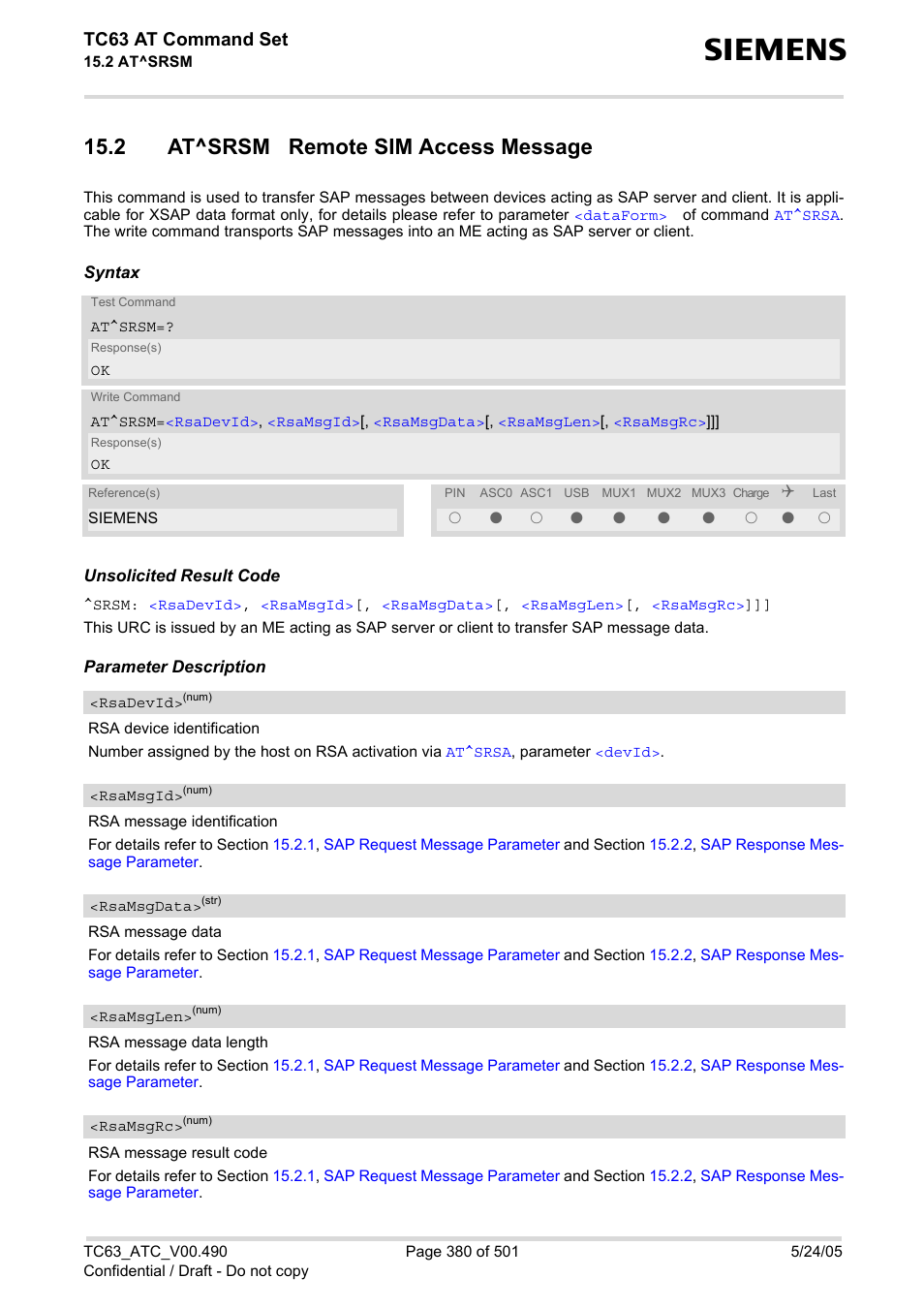 2 at^srsm remote sim access message, At^srsm, Srsm | Tc63 at command set | Siemens TC63 User Manual | Page 380 / 501