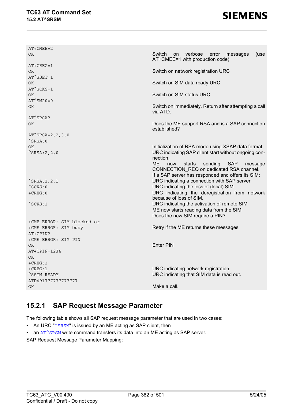 1 sap request message parameter, Sap request message parameter, Tc63 at command set | Siemens TC63 User Manual | Page 382 / 501