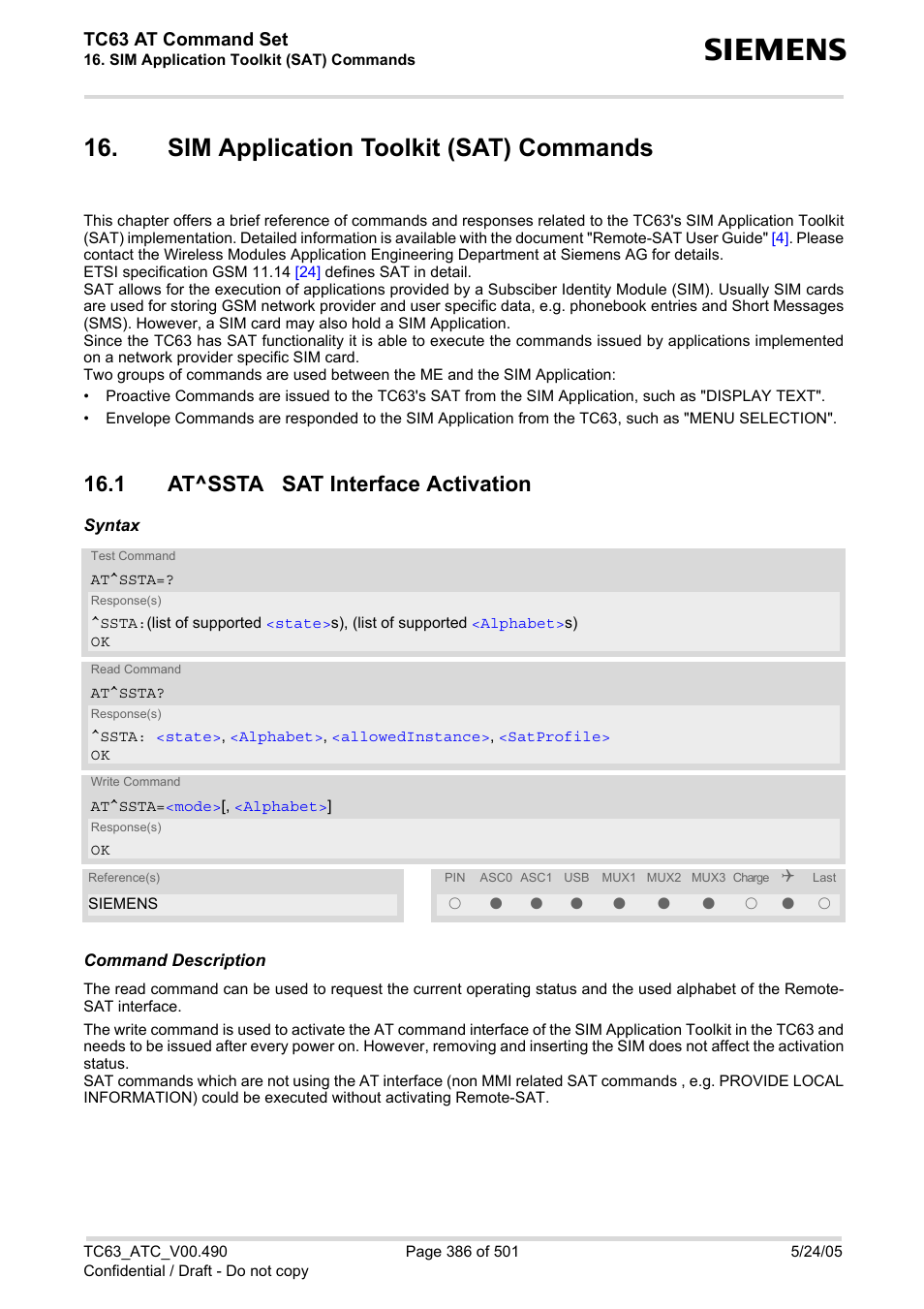 Sim application toolkit (sat) commands, 1 at^ssta sat interface activation, At^ssta | Tc63 at command set | Siemens TC63 User Manual | Page 386 / 501