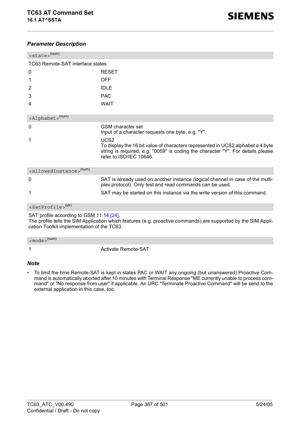 State, Alphabet, Ssta | Allowedinstance, Satprofile, Mode, Tc63 at command set | Siemens TC63 User Manual | Page 387 / 501