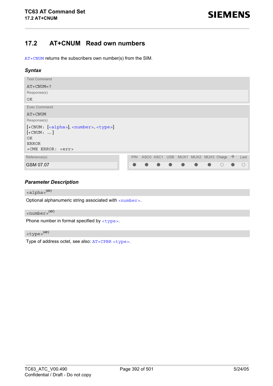 2 at+cnum read own numbers, Tc63 at command set | Siemens TC63 User Manual | Page 392 / 501