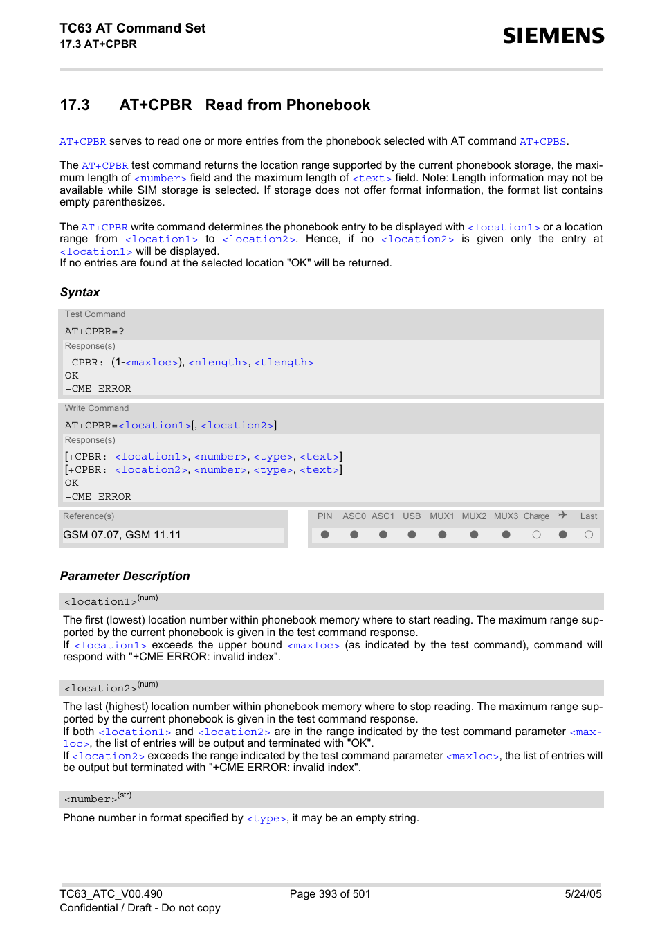 3 at+cpbr read from phonebook, At+cpbr, Tc63 at command set | Siemens TC63 User Manual | Page 393 / 501