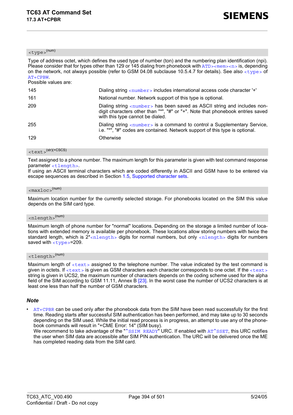 Type, Text, Field | Maxloc, As indicated by, The list of entries, Nlength, Tlength, Tc63 at command set | Siemens TC63 User Manual | Page 394 / 501