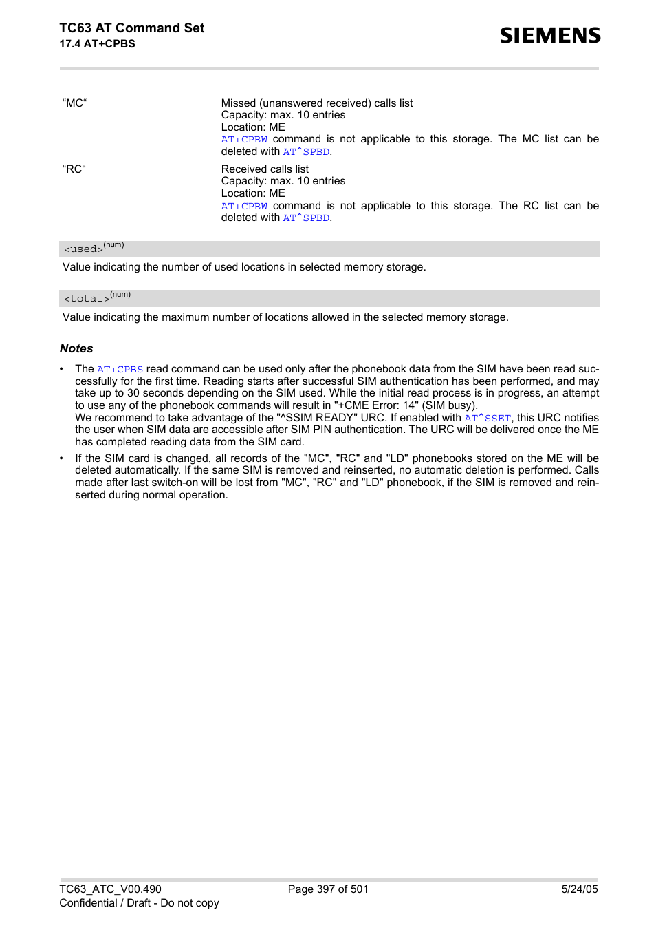 Used, Total, Tc63 at command set | Siemens TC63 User Manual | Page 397 / 501