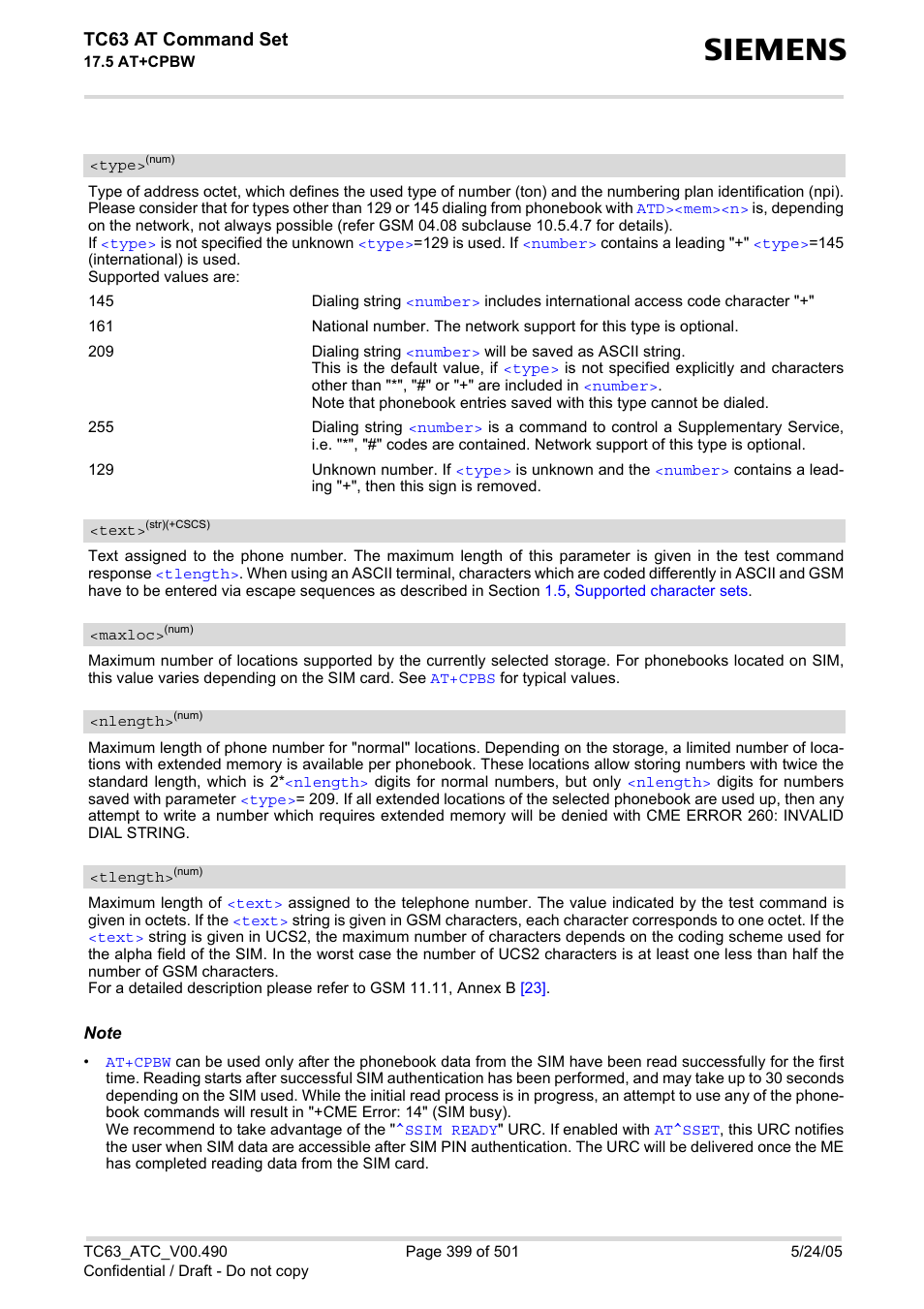 Text, Tlength, Type | Nlength, Maxloc, Tc63 at command set | Siemens TC63 User Manual | Page 399 / 501