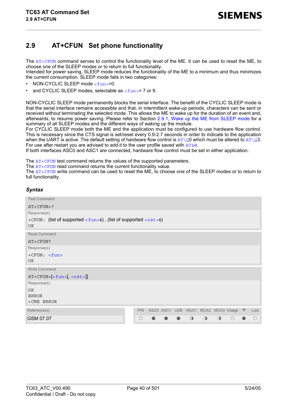 9 at+cfun set phone functionality, At+cfun set phone functionality, At+cfun | Tc63 at command set | Siemens TC63 User Manual | Page 40 / 501