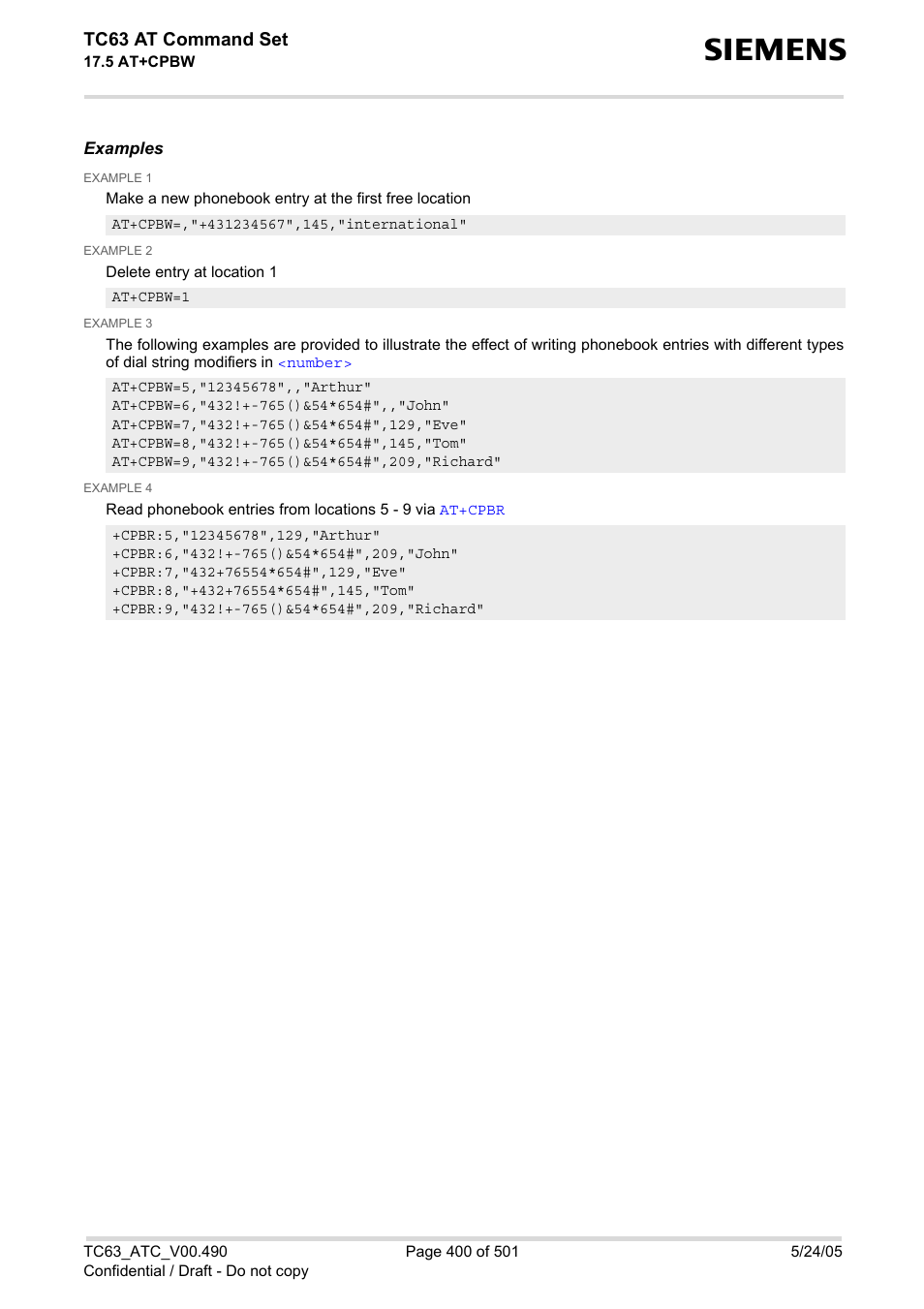 Tc63 at command set, Examples | Siemens TC63 User Manual | Page 400 / 501