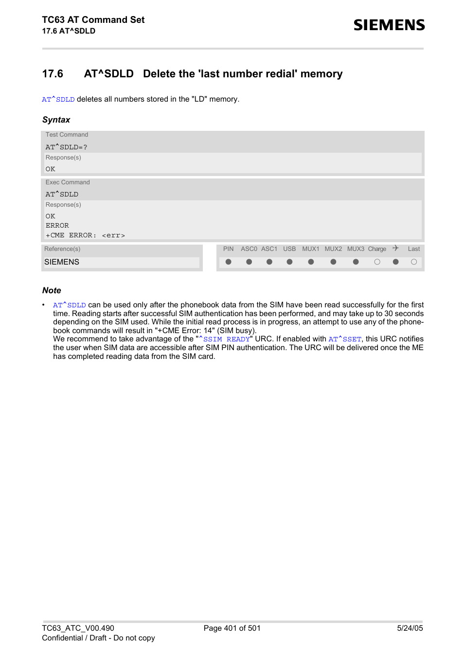 6 at^sdld delete the 'last number redial' memory, At^sdld, Tc63 at command set | Siemens TC63 User Manual | Page 401 / 501