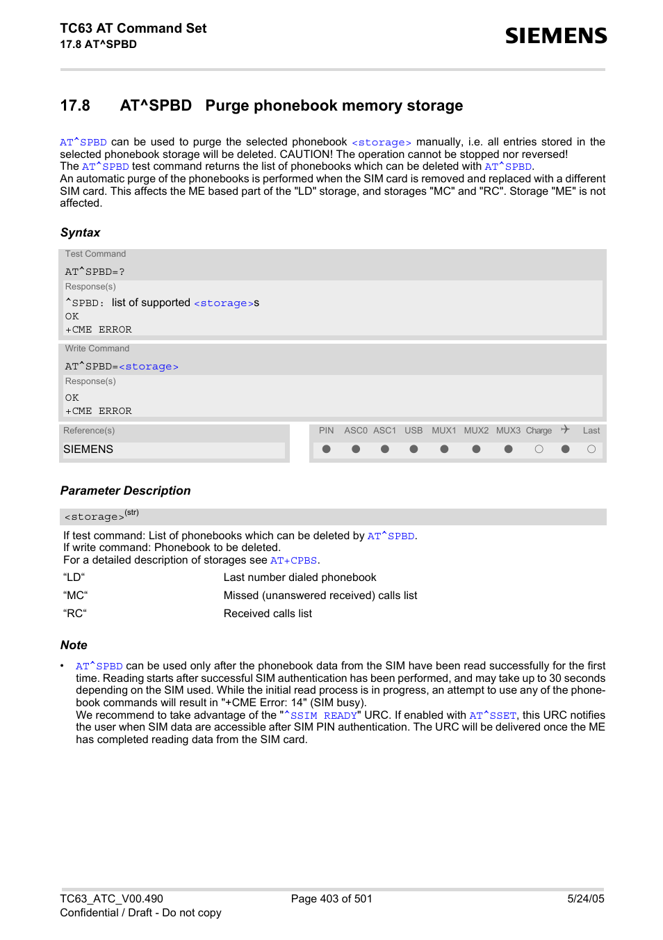 8 at^spbd purge phonebook memory storage, With, At^spbd | Tc63 at command set | Siemens TC63 User Manual | Page 403 / 501