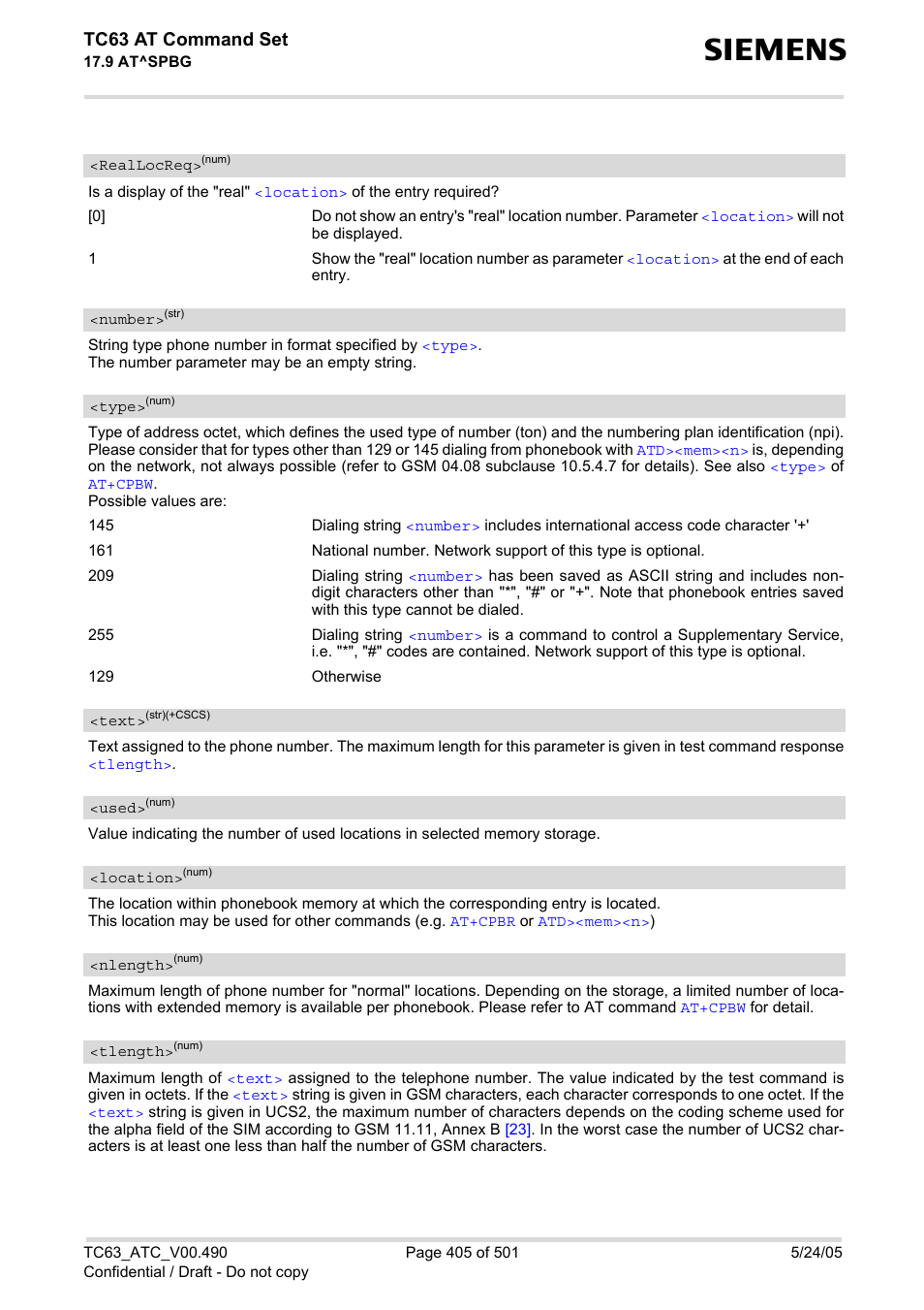 Reallocreq, Location, Used | Nlength, Tlength, Number, Type, Text, Tc63 at command set | Siemens TC63 User Manual | Page 405 / 501