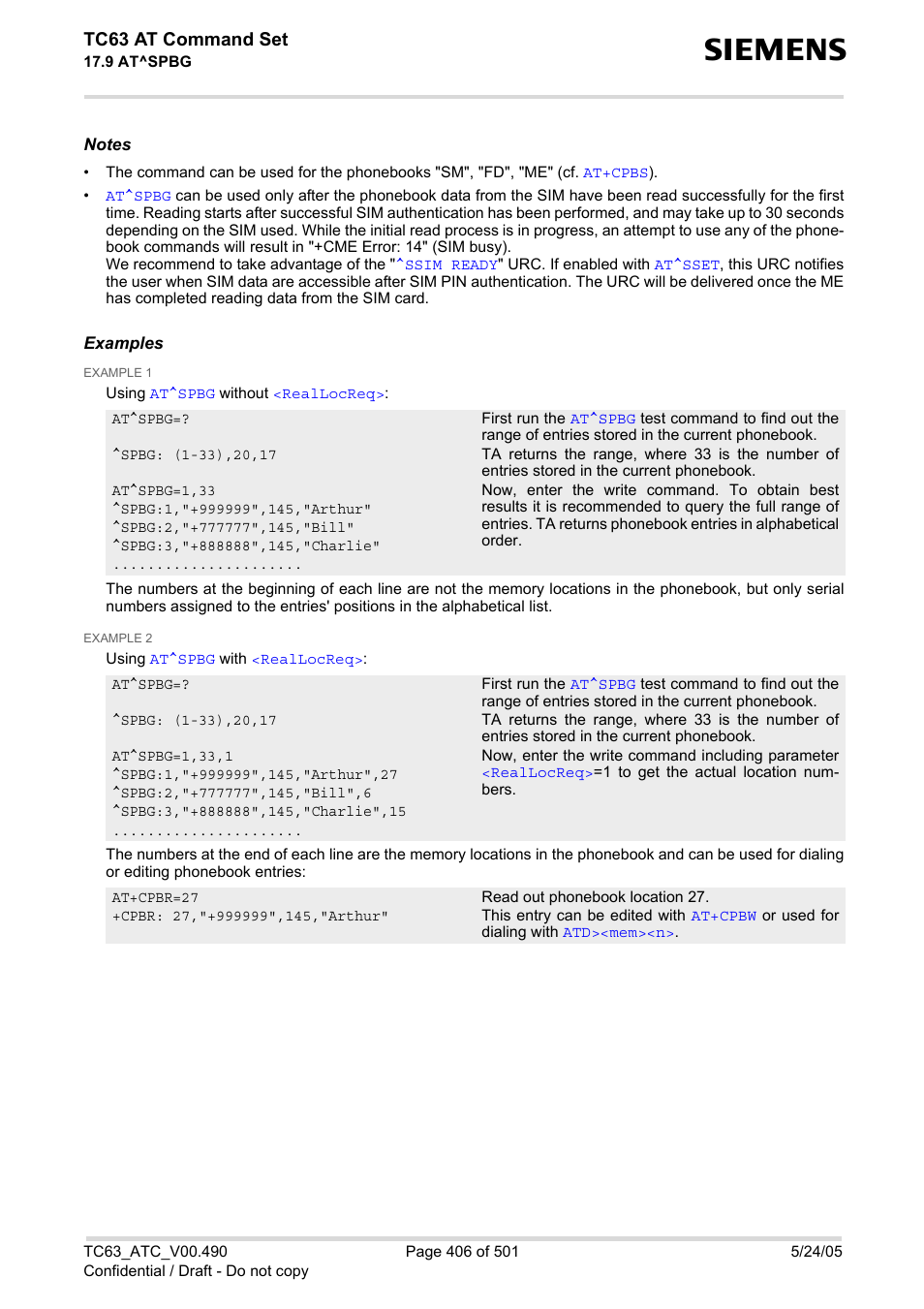 Tc63 at command set | Siemens TC63 User Manual | Page 406 / 501