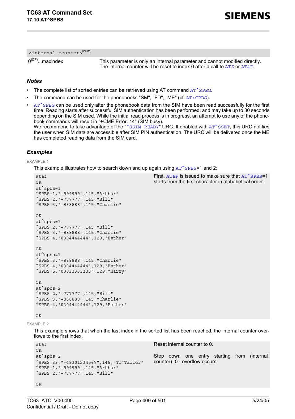 Inter, Nal-counter, Internal | Counter, Value, Tc63 at command set | Siemens TC63 User Manual | Page 409 / 501