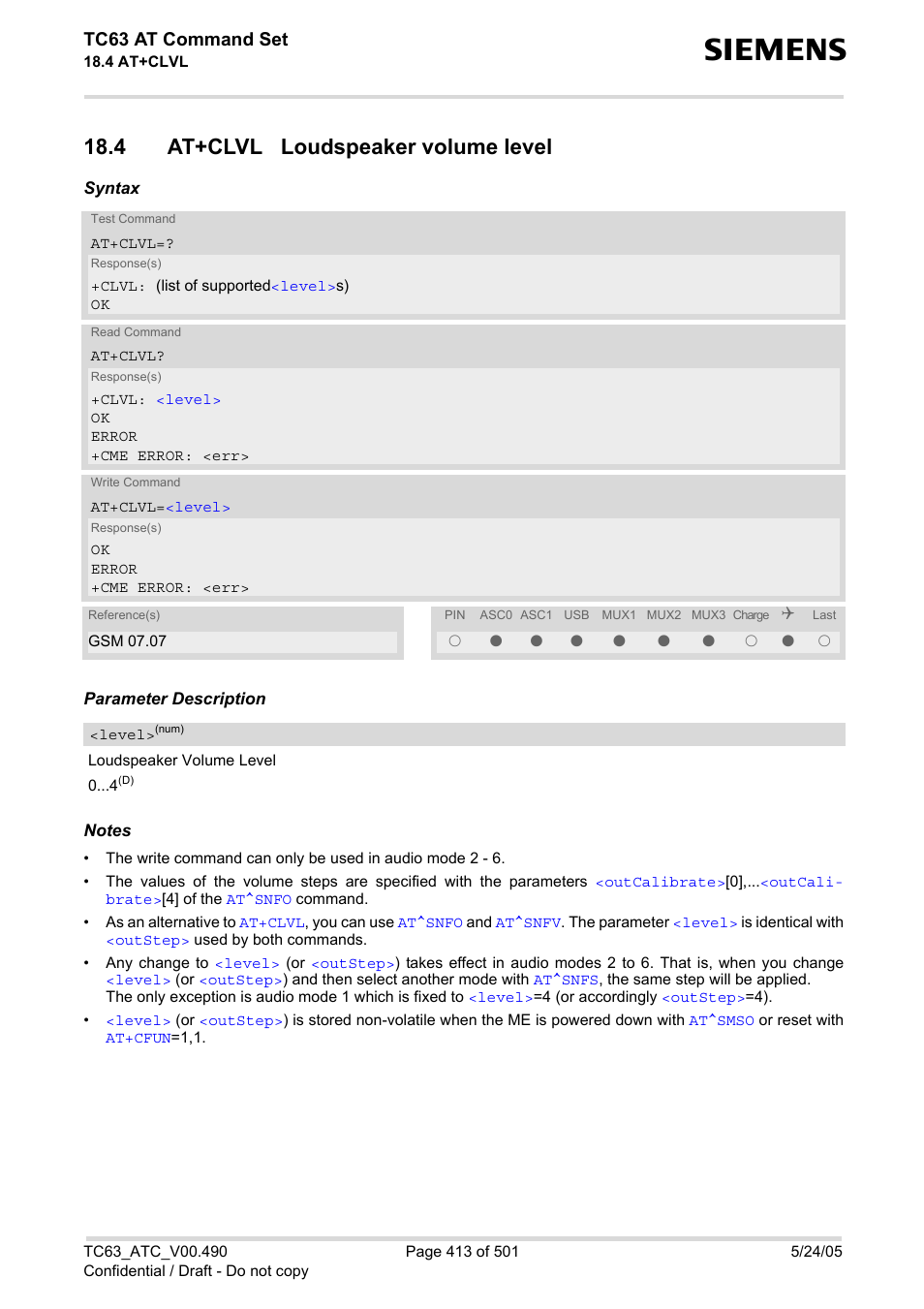 4 at+clvl loudspeaker volume level, Tc63 at command set | Siemens TC63 User Manual | Page 413 / 501