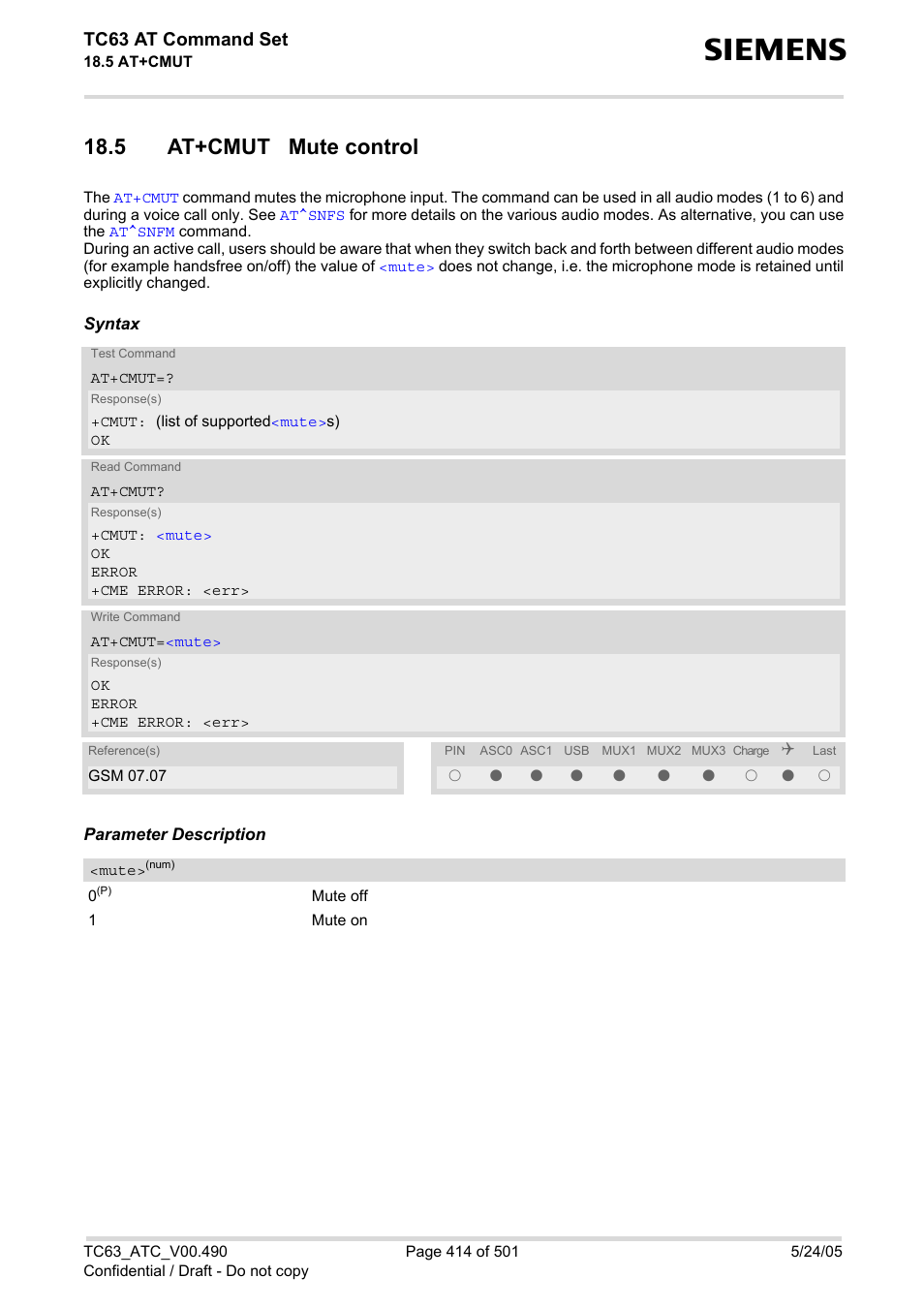 5 at+cmut mute control, Tc63 at command set | Siemens TC63 User Manual | Page 414 / 501