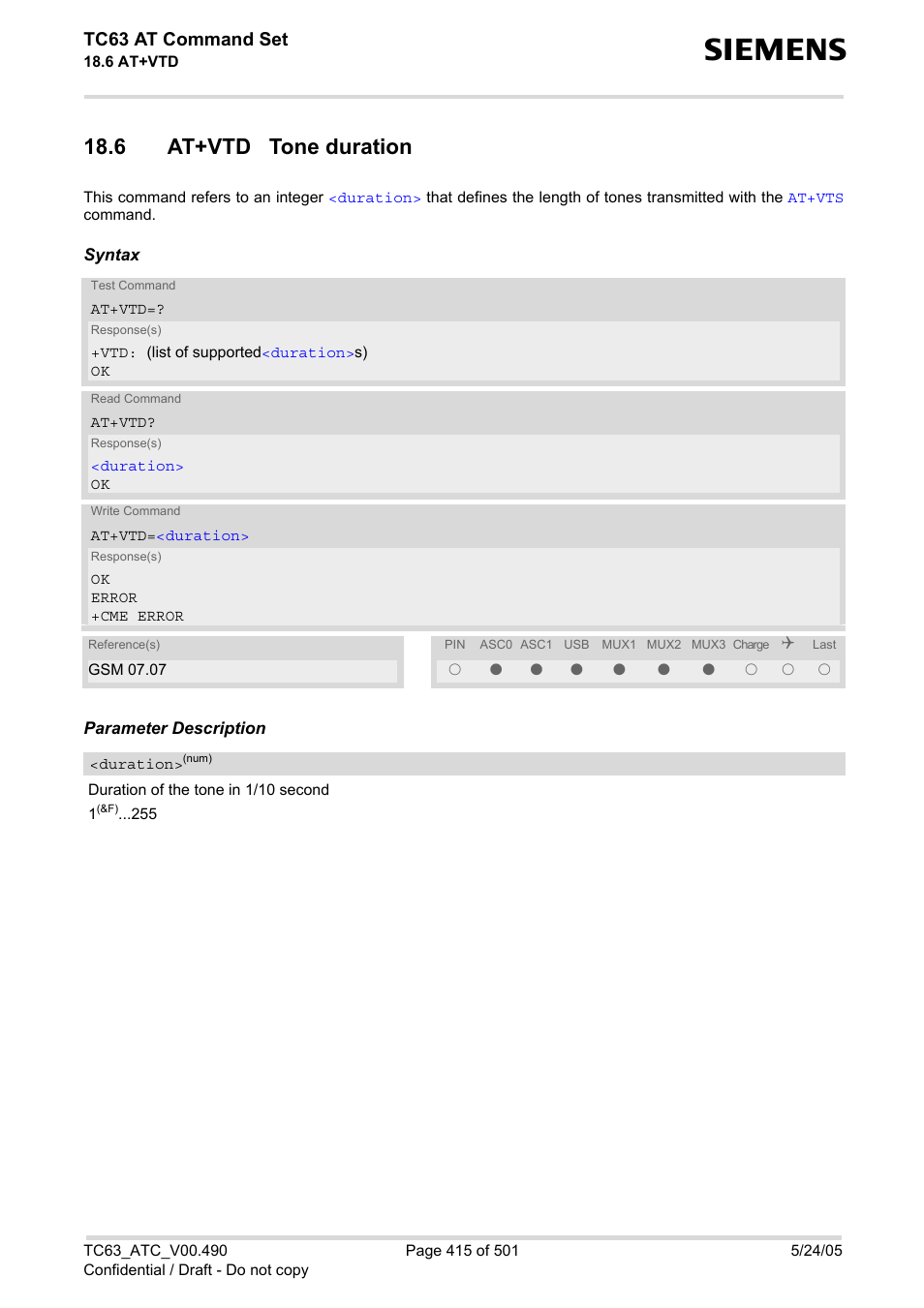 6 at+vtd tone duration, Tc63 at command set | Siemens TC63 User Manual | Page 415 / 501