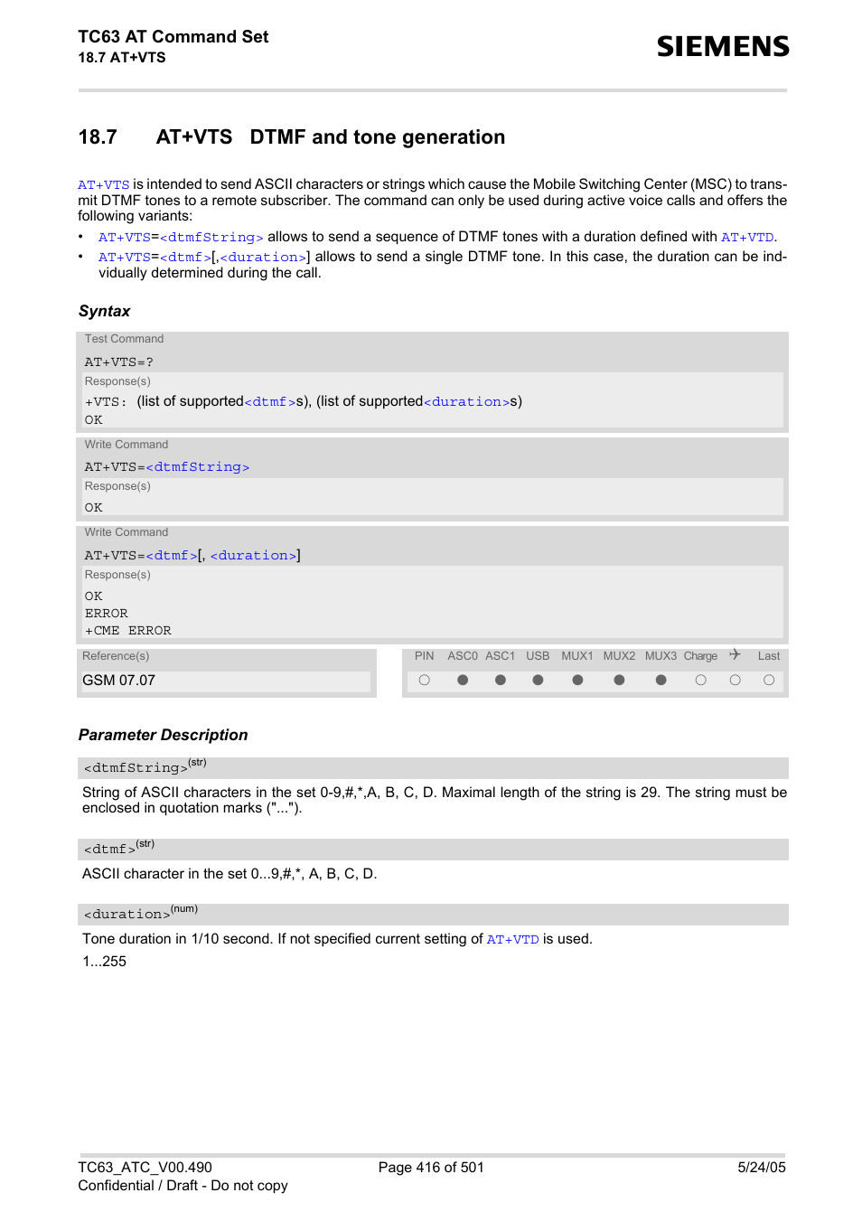 7 at+vts dtmf and tone generation, At+vts, Tc63 at command set | Siemens TC63 User Manual | Page 416 / 501
