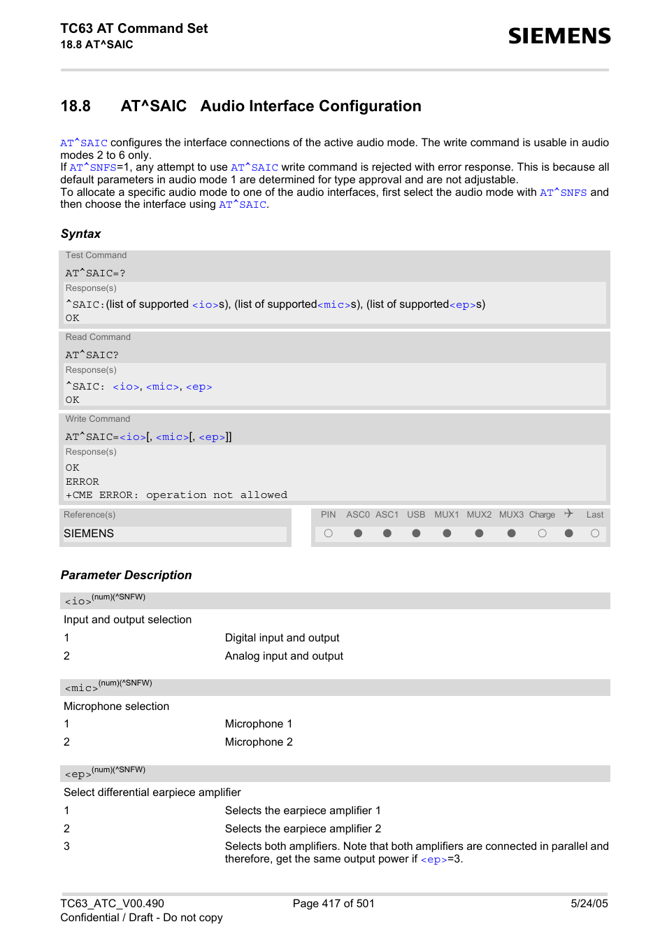 8 at^saic audio interface configuration, Tc63 at command set | Siemens TC63 User Manual | Page 417 / 501