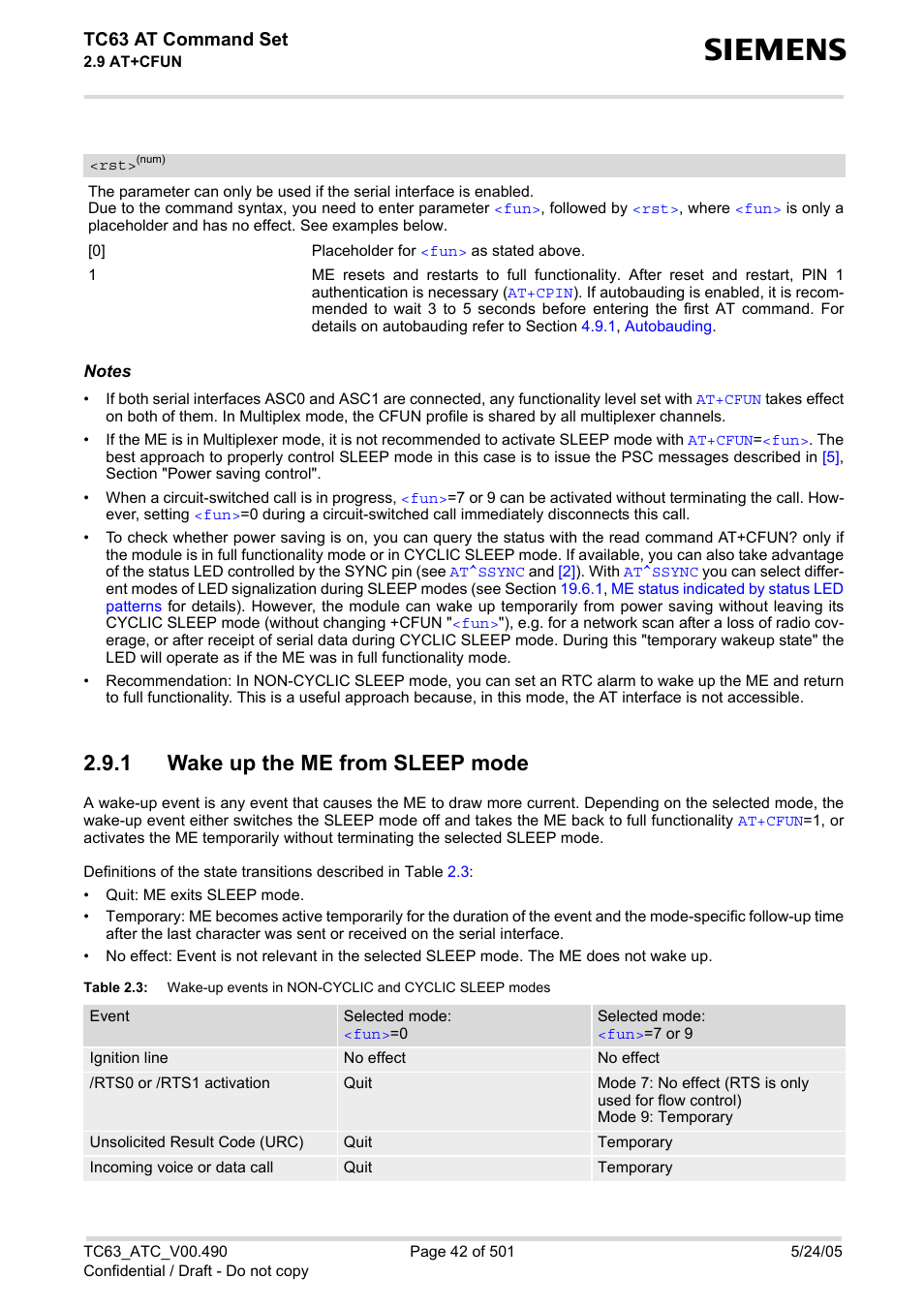 1 wake up the me from sleep mode, Wake up the me from sleep mode, Table 2.3 | Tc63 at command set | Siemens TC63 User Manual | Page 42 / 501