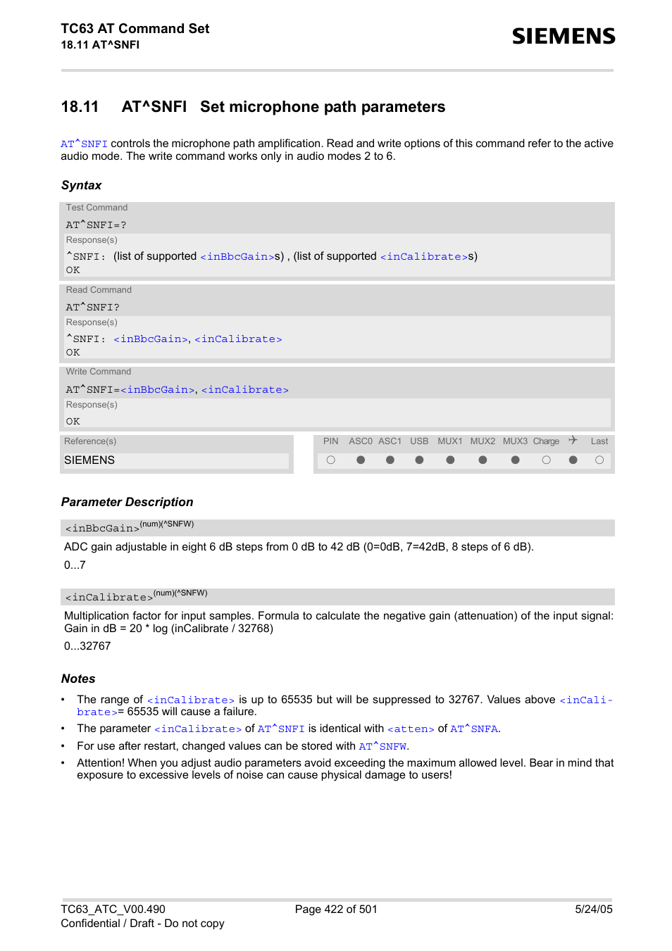 11 at^snfi set microphone path parameters, Incalibrate, Inbbcgain | At^snfi, Tc63 at command set | Siemens TC63 User Manual | Page 422 / 501