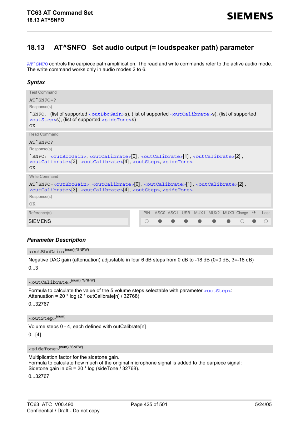 Outbbcgain, Outcalibrate, Sidetone | Outcali, Brate, At^snfo, Outstep, Tc63 at command set | Siemens TC63 User Manual | Page 425 / 501