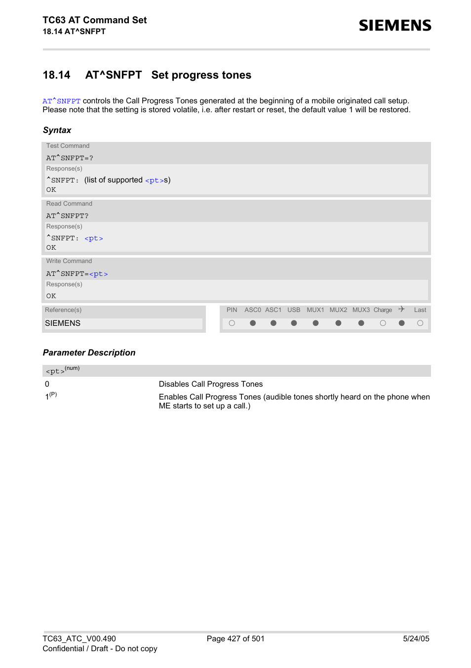 14 at^snfpt set progress tones, Tc63 at command set | Siemens TC63 User Manual | Page 427 / 501