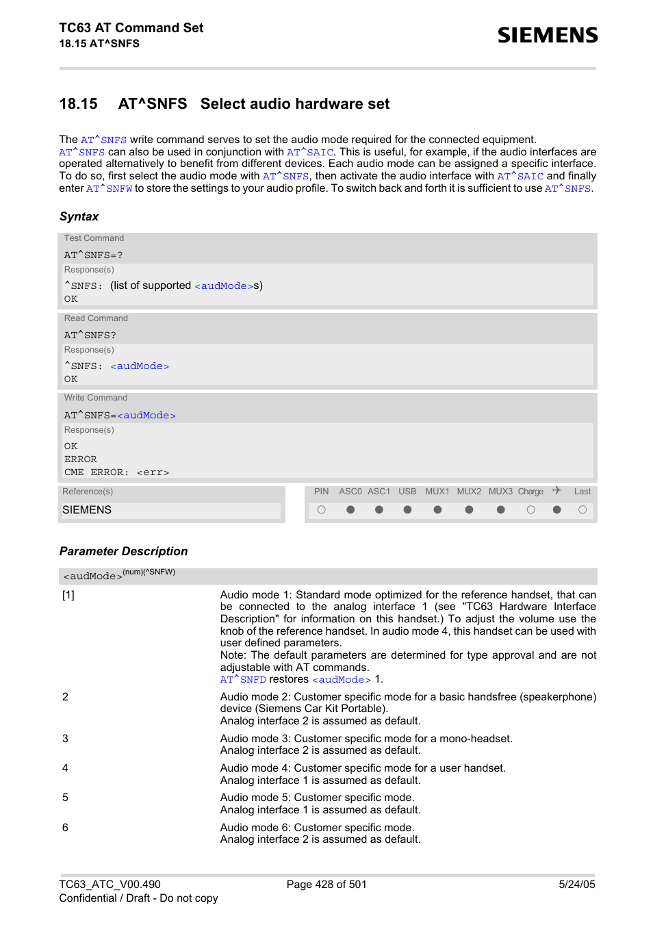 15 at^snfs select audio hardware set, At^snfs, With | Audmode, Tc63 at command set | Siemens TC63 User Manual | Page 428 / 501