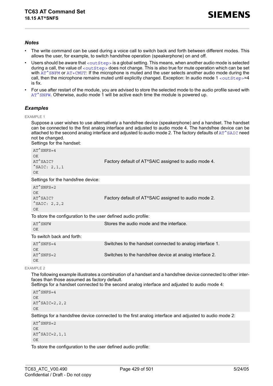 Tc63 at command set | Siemens TC63 User Manual | Page 429 / 501