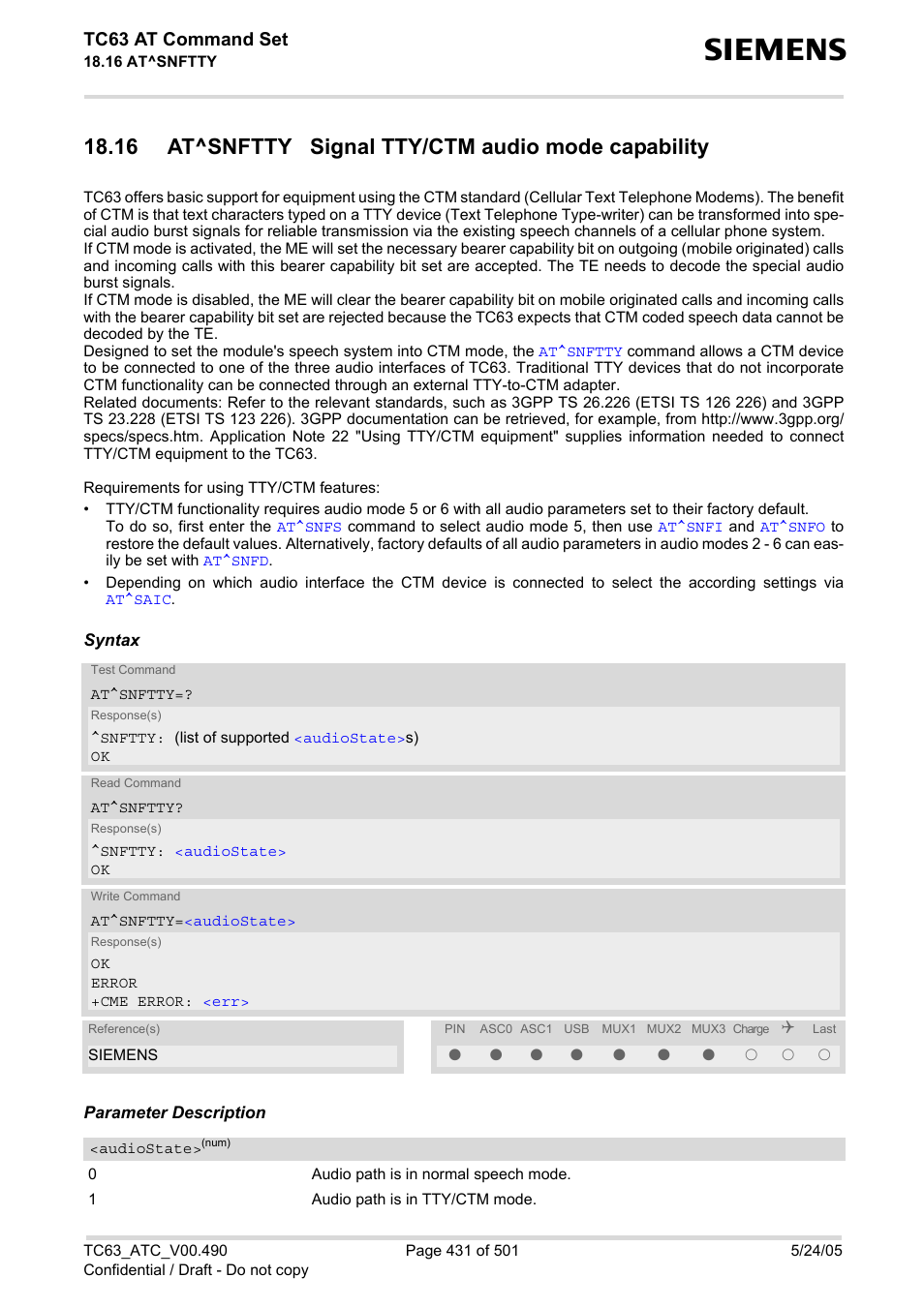 16 at^snftty signal tty/ctm audio mode capability, Tc63 at command set | Siemens TC63 User Manual | Page 431 / 501