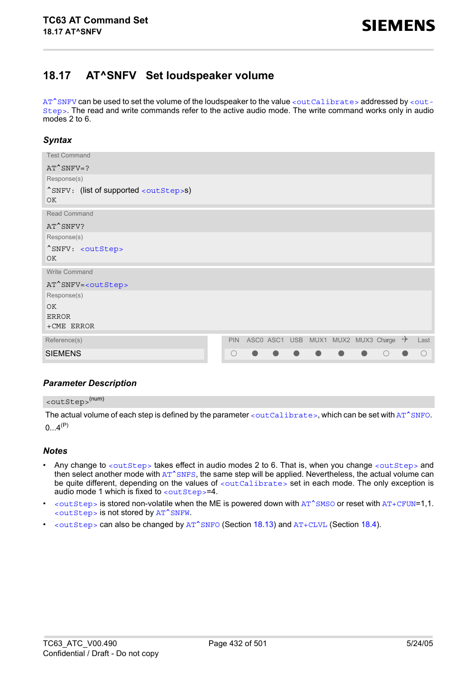 17 at^snfv set loudspeaker volume, At^snfv, Tc63 at command set | Siemens TC63 User Manual | Page 432 / 501