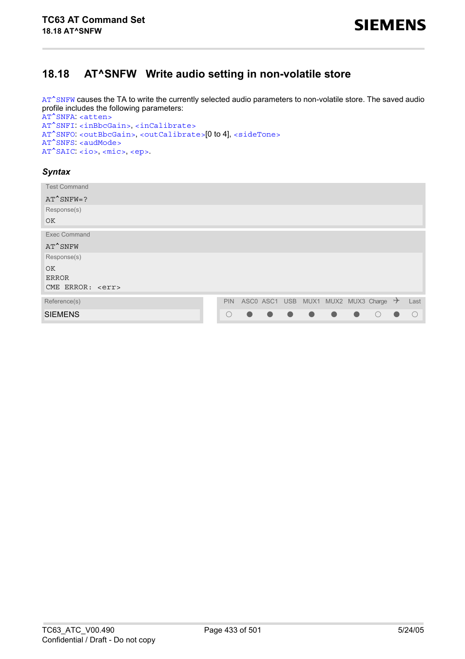 Stored with, At^snfw, D with | Otherwise, audio mode 1 will, Tc63 at command set | Siemens TC63 User Manual | Page 433 / 501