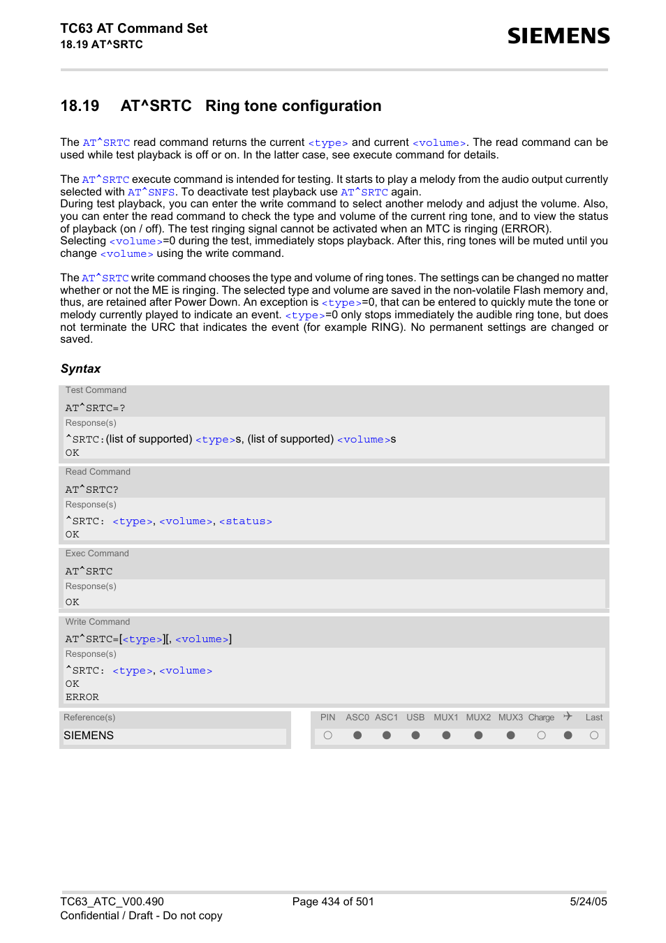 19 at^srtc ring tone configuration, At^srtc, Tc63 at command set | Siemens TC63 User Manual | Page 434 / 501